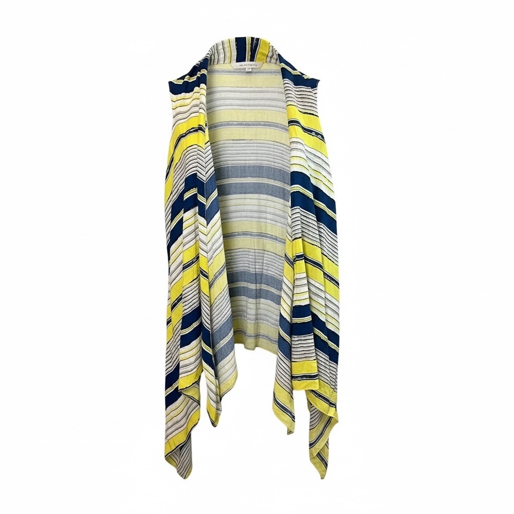 Janice Striped Open Front Cardigan Vest Yellow Blue Draped Lightweight Layering